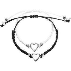 2Pcs Couple Heart Bracelets for Women & Men – Adjustable Black White String Love Charm Set for Friendship