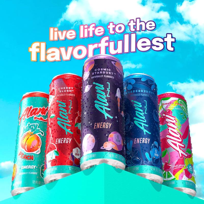 Alani New Energy Drink Cosmic Stardust Naturally Flavored 12 Cans Pack Sugar-Free Low Calorie with B-Vitamins & Biotin