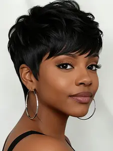 Black Short Human Hair Wig Pixie Cut Wigs for Women Layered Pixie Wig for Women