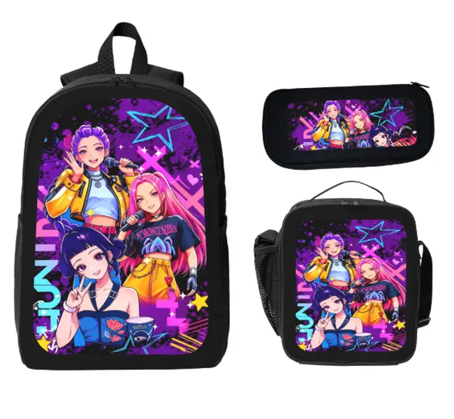 K-POP Anime Girl Band 3PCS Backpack Set, Kids Fashion Cartoon School Backpack with Insulated Lunch Bag & Pencil Case