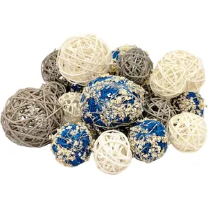 18 Pcs Decorative Balls - 12pcs Wicker Rattan Balls + 6pcs Faux Moss Decorative Balls for Vase Centerpiece Bowls Orbs Filler for Home Decor,2 Sizes(Blue, Grey, White)