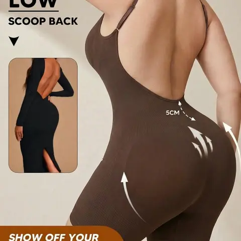 Low Scoop Back Ribbed Shapewear Bodysuit, Tummy Control Butt Lift, Seamless Spaghetti Strap Design, Perfect for Backless Dresses, Versatile Slimming Base Layer, Smooth Compression Shapewear