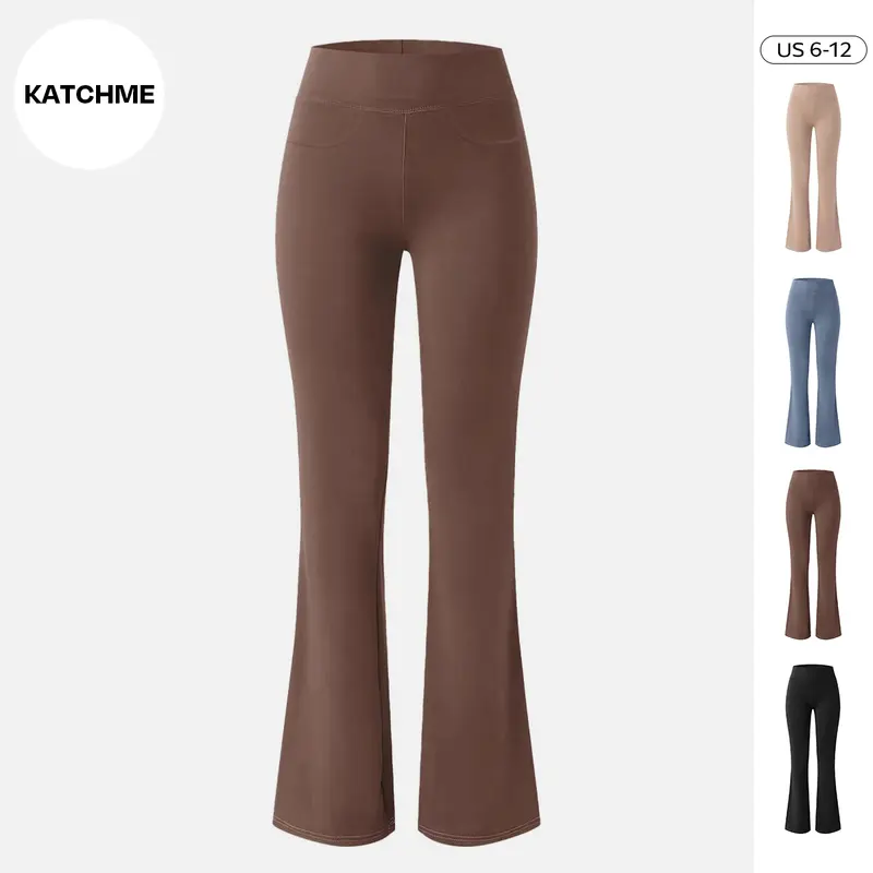 KatchMe Women's Sport High Waist Stretch Flared Shaping Yoga Pants,Versatile Stretchy Seamless Womenswear,Slim-Fitting Plain Multi-Pocket Bell Bottom