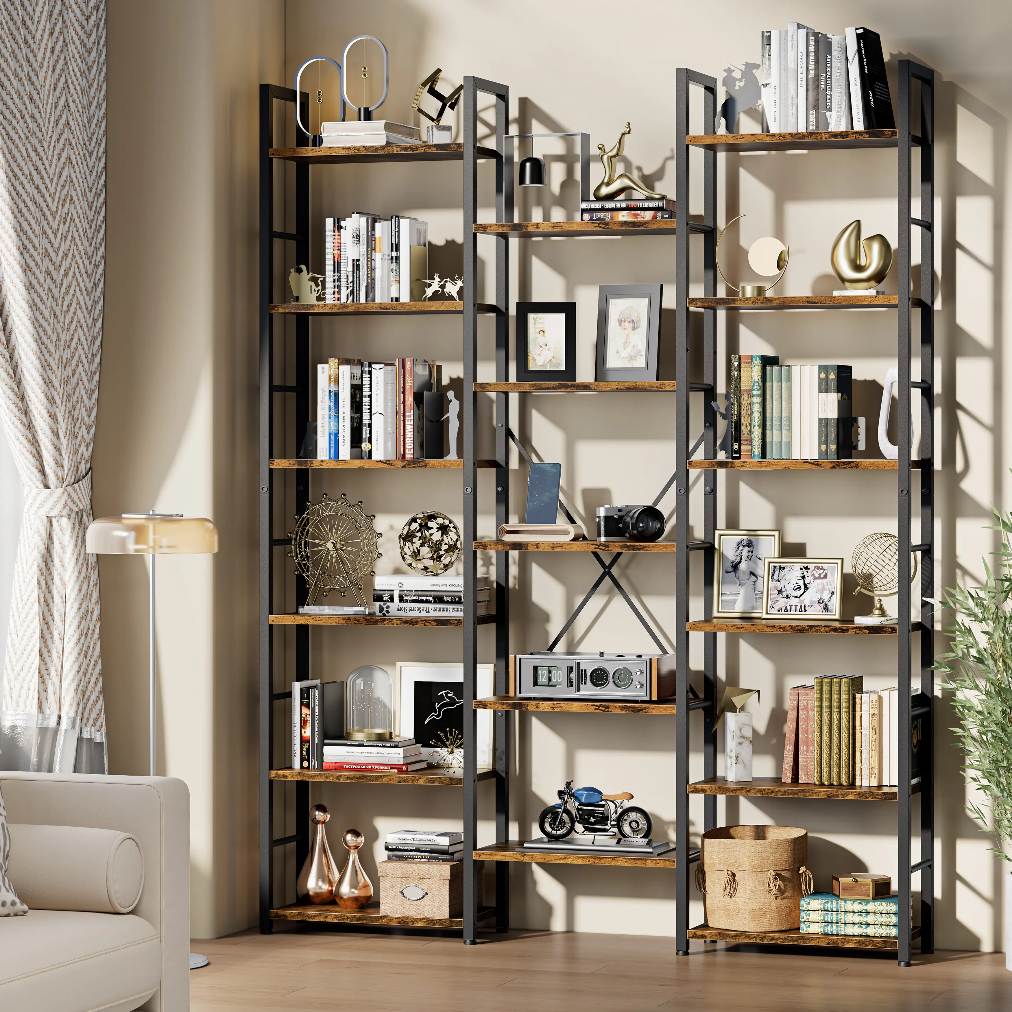 Walsunny 6-Tier Bookcase with 17 Shelves, Open Display Book Shelf with Metal Frame, Book Shelf for Home Office, Rustic,Freestanding Industrial Ladder
