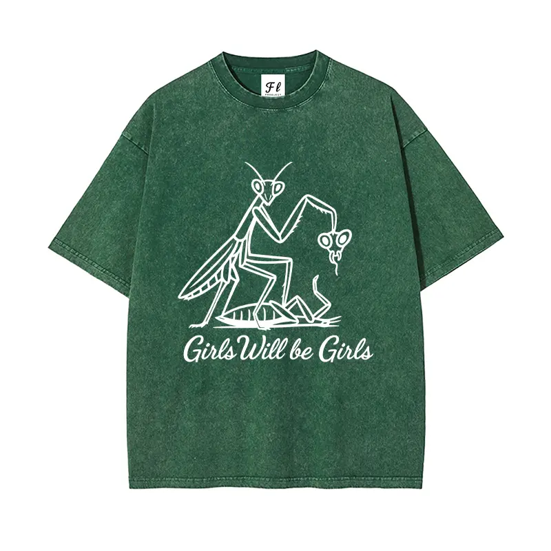 Girls Will be Girls Praying Mantis Tee | Retro Washed Weird Girl Graphic Tee,Retro Dark Humor Oversized Aesthetic Top