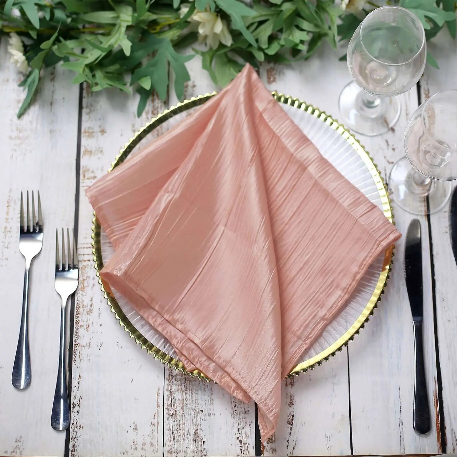 Dusty Rose Solid Taffeta Paper Napkins, 5-Pack 20x20in Square - Accordion Fold, Crinkled Look Tableware for Restaurant, Wedding Events