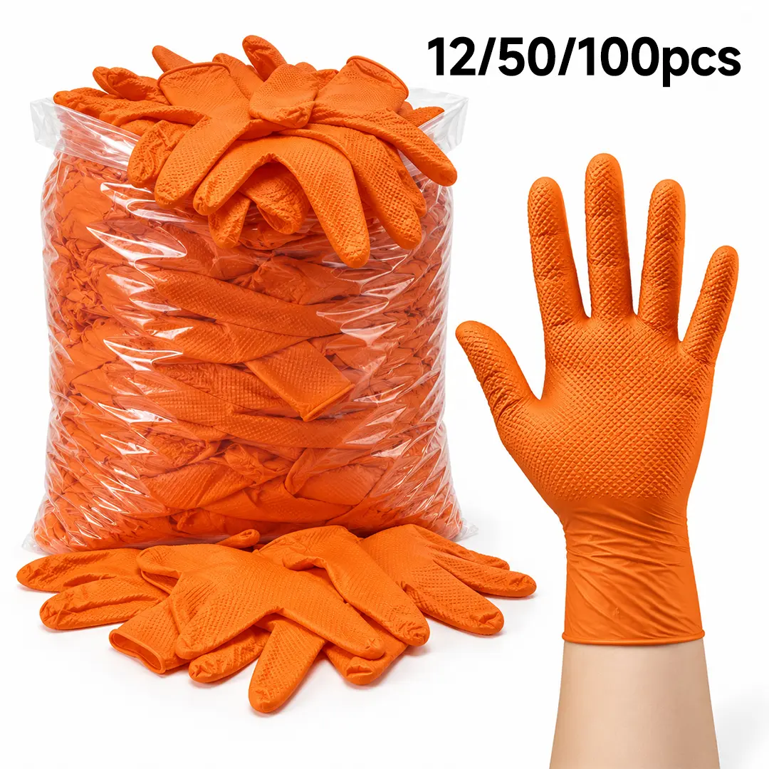 Orange 8MIL Nitrile Gloves Diamond Texture Latex-Free Disposable Industrial Work Gloves for Car Washing Heavy Cleaning Puncture Resistant