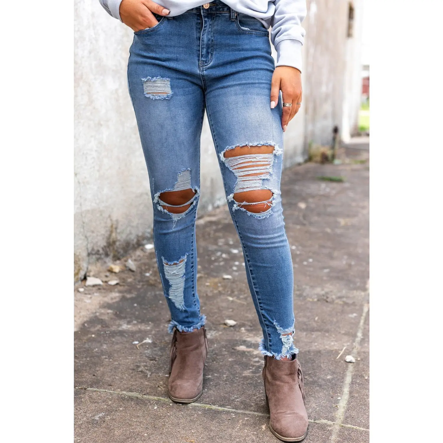 Sky Blue High Waist Distressed Skinny Jeans