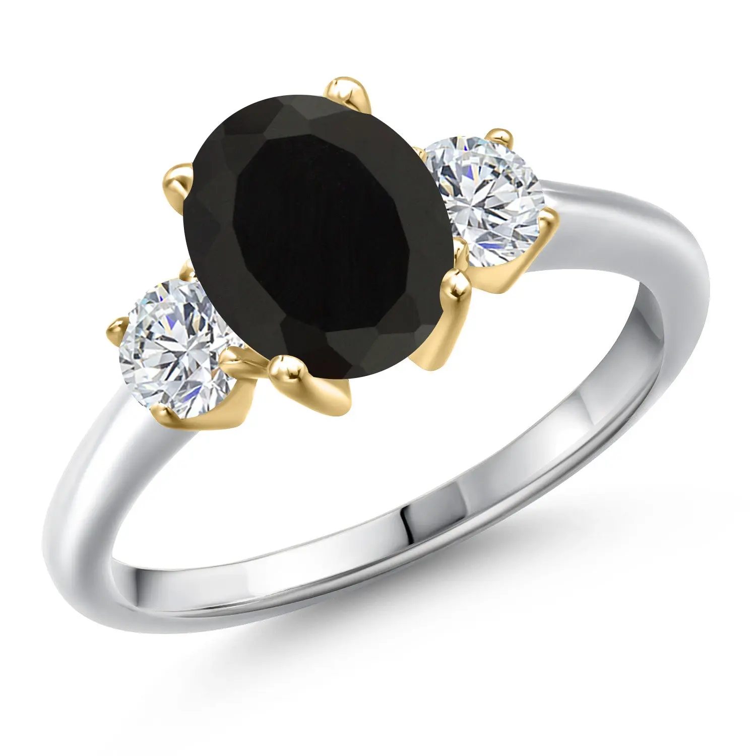 Gem Stone King 10K Two Tone Gold Black Onyx and Lab Grown Diamond 3-Stone Engagement Ring For Women | 2.54 Cttw | Oval 9X7MM | Gemstone December Birthstone
