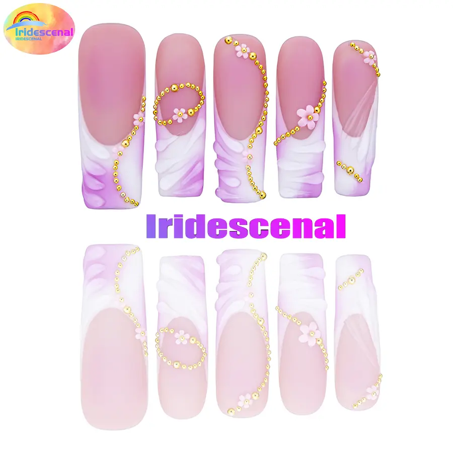 Iridescenal 10pcs-Y2K press on nail, Long Coffin nail, acrylic nail, 100%handmade, reusable, white nail, nude, paired with French, bow, cross, 3D, butterfly, heart, suitable for daily wear, party， It is the best festival gift for girls and women.