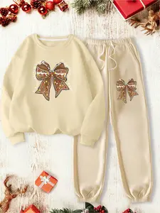 Two-piece Set Women's Christmas Print Thermal Lined   Sweatshirt & Pocket Sweatpants, Casual Fashion Cozy Round Neck Long Sleeve Pullover & Elastic Waist Trousers for Daily Wear, Ladies Fall & Winter Clothes, Womenswear