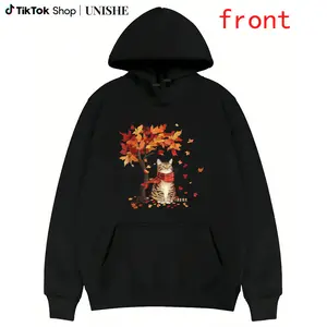 Hello Autumn Cat Thanksgiving Apparel – Cozy Fall Leaves Long Sleeve Hoodie