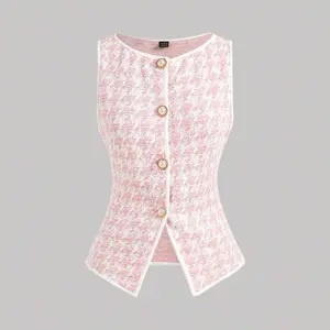 Women’s Classic Houndstooth Knit Tank – Pink Sleeveless Top with Pearl Buttons