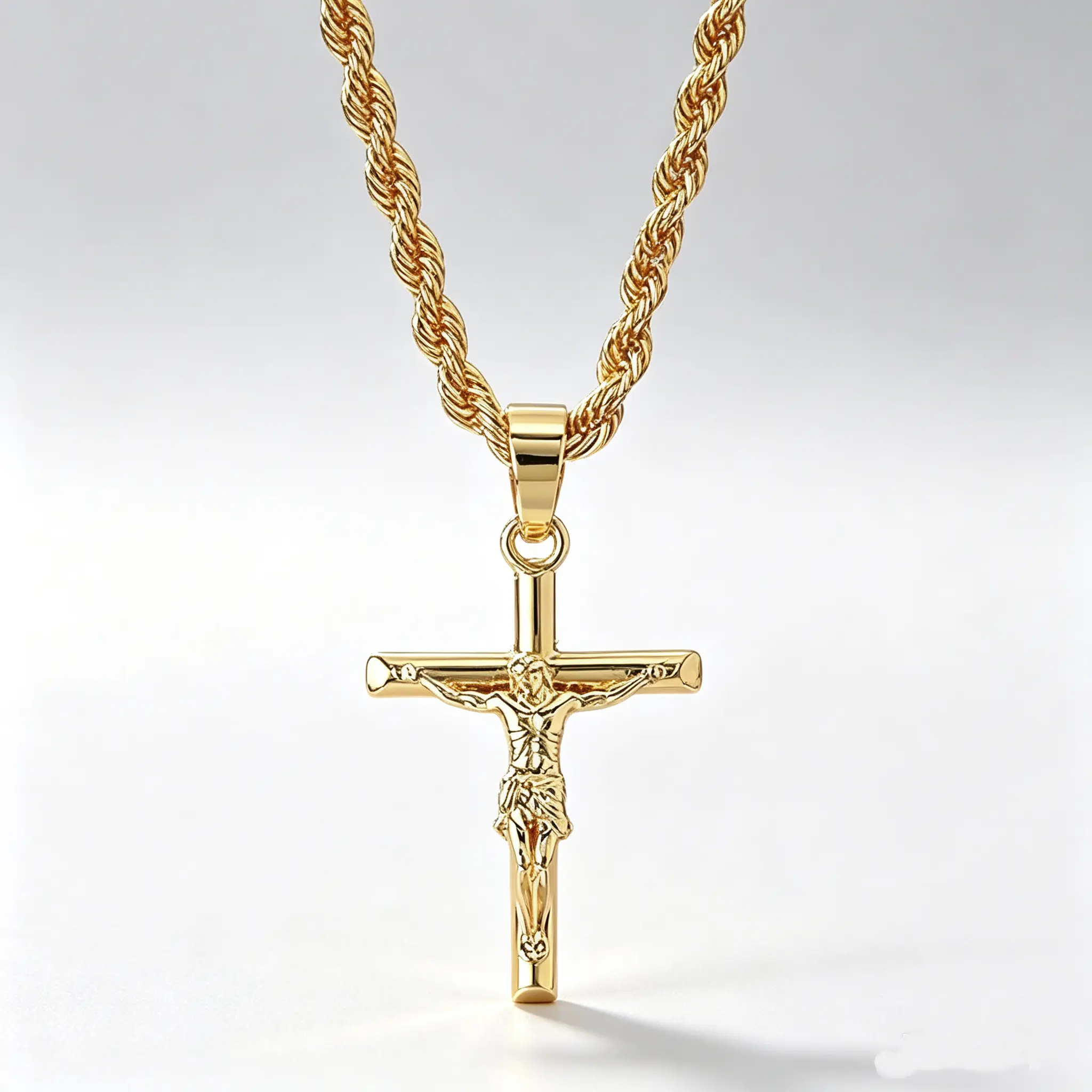 Men's Titanium Steel Twist Rope Chain Jesus Cross Pendant Necklace - Anti-Tarnish 2-Tone Spiritual Cross Motif Jewelry, Daily Father’s Day Church Wear Gift