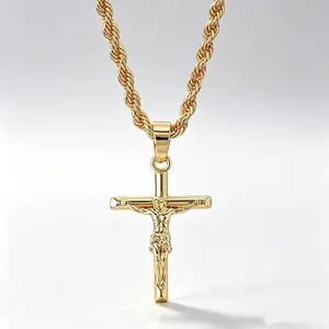 Men's Titanium Steel Twist Rope Chain Jesus Cross Pendant Necklace - Anti-Tarnish 2-Tone Spiritual Cross Motif Jewelry, Daily Father’s Day Church Wear Gift