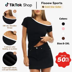 Fisoew Sports  2026 Summer Spring Women's Tops Collection | Y2K-Style Off-Shoulder Basic Tee — Soft, Comfortable Fabric; Slimming, Flattering Fit; Perfect for Parties, Travel, Commuting, and Exclusive Occasions.