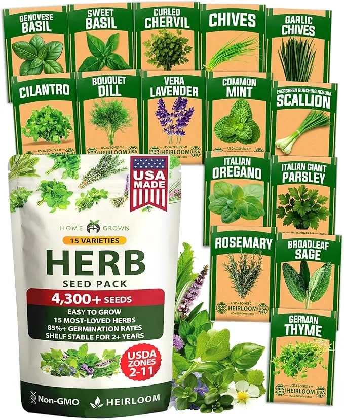 15-Pack Culinary Herb Seeds Variety Pack, 4,300+ Seeds for Indoor Outdoor Gardening and Hydroponic Growing
