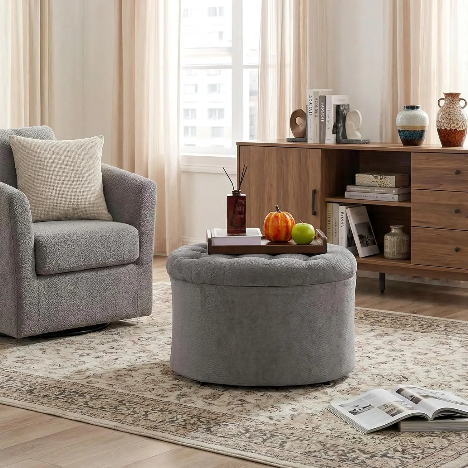 ONBRILL 25" Round Storage Ottoman, Footstool for Living Room & Bedroom, Holds Up to 220 lbs, Grey Organizer for Books, Blankets & Kids' Toys