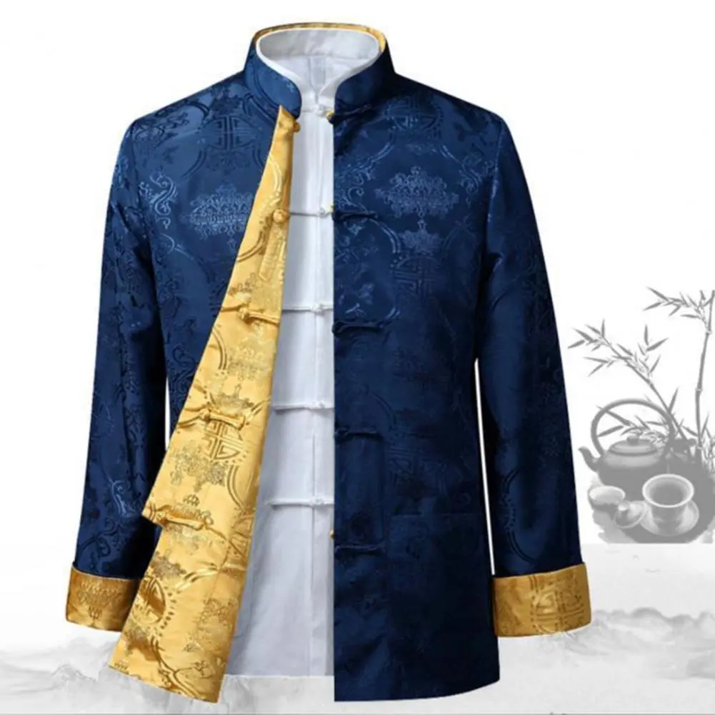 Men's Traditional Chinese Polyester Knit Tang Suit Jacket - Retro Long-Sleeved Stand Collar, Reversible, Warm, Decoration-Enhanced Vintage Special Occasion Menswear, Keep-Warm, Decorative, Knitting
