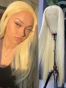 613 Blonde Straight Hair Wig, 13x4 Lace Front Synthetic Hair, Heat Resistant Fiber, Natural Hairline, No Bangs, 26 Inch Pale Gold Synthetic Hair, Unisex Hair suitable for Daily Use, Cosplay, Party, Christmas, Straight Synthetic Wigs, Synthetic Hair Pieces