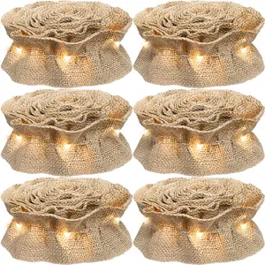 Lighted Burlap Ribbon Garland Christmas Tree Decorations 9 Ft x 6-Rolls Pre-Lit Burlap Christmas Garland with LED Lights Battery Operated, Rustic Boho Natural Jute Vintage Country Farmhouse Home Decor
