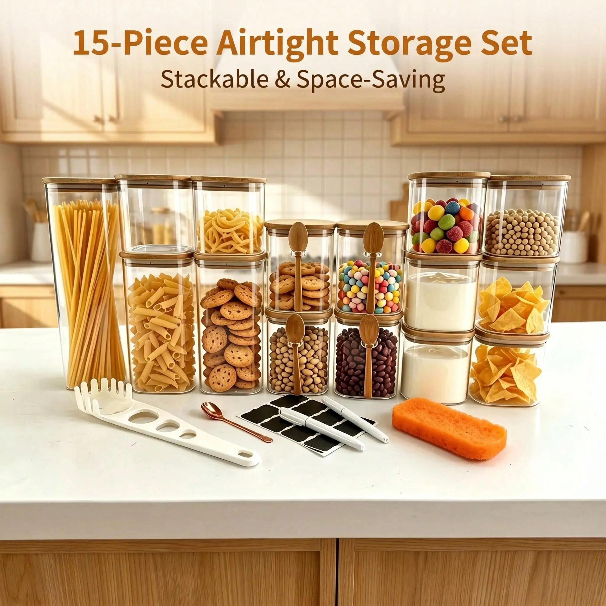 15pcs Transparent Square Glass Food Storage Containers with Wooden Lids, Anti-Leak Leak-Proof Airtight Stackable Reusable Jars for Container Food Storage, Home Kitchen Organization, Dry Goods