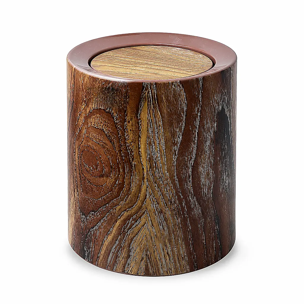 13L Aged Brown Finish Wood-Look Rustic Farmhouse Swing-Lid Trash Can - Smooth, Warm Wood Grain Texture, Removable Inner Bucket, Odor-Block, Daily Use, Fits Many Spaces for Countertops, Living Spaces, Toilet