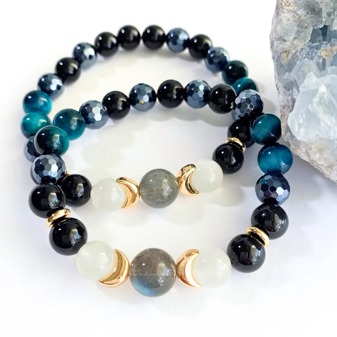 Triple Moon Protection Bracelet – Moonstone, Black Obsidian, Blue Tiger’s Eye, Hematite & Tourmalinated Quartz – Celestial Jewelry for Moon Phases & M
