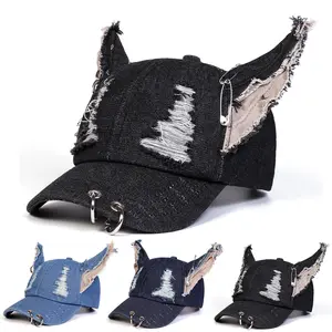 Unisex Cat Ear Baseball Cap Iron Ring Trucker Hat Distressed Denim Baseball Cap Grunge Aesthetic Hat Outdoor Adjustable Sunscreen Leisure Hat Spring Autumn Travel Tourism Beach Vacation