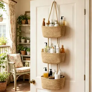 Woven cotton 3-Tier Over the Door Basket, Wall-Mounted Jute Storage Organizer – Decorative Nursery Baskets, Perfect for Busy Mom/Dad to Store Diapers & Toys small basket Gift Hook laundry basket house organizers petlovers