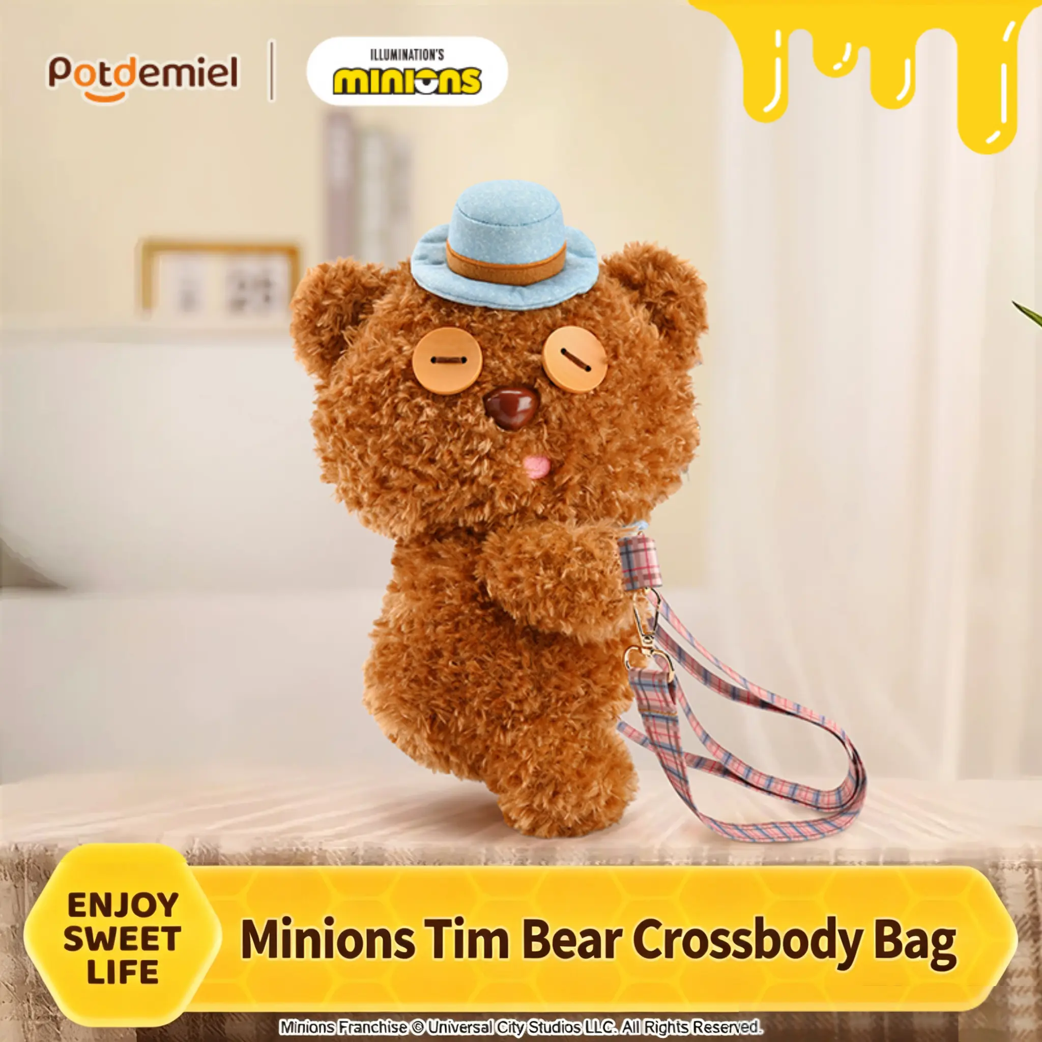 MINISO Minions Perfect Photographer Tim Bear Plush Crossbody Bag, Soft Fluffy Cartoon Shoulder Pouch, Kawaii Cute Mini Handbag Gift for Girls, Back To School