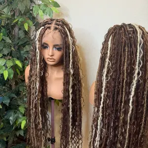 Full lace Faux locs made with fiber lace with synthetic boho braids in 32 inches. Medium: Cap size :21.5 – 22.5”