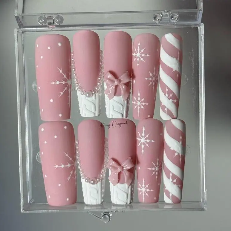 Pink Winter Press On Nails Snowflake French Tip Pearl And Bow Coquette glue