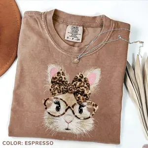 Comfort Colors Happy Easter Bunny Shirt, Retro Leopard Coquette Easter Tee, Trendy Easter Sunday Graphic T-Shirt