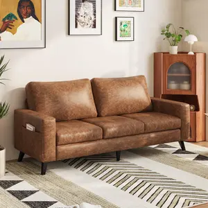 【2 packages arrived at different times】YODOLLA 79" Faux Leather Couch for Living Room, Loveseat Small Sofa, 3-Seat Modern Sofa,Brown Comfy Couch for Apartment Office