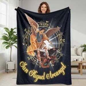 San Miguel Arcangel flannel blanket religious angel print soft warm cozy lightweight decorative throw perfect for home decor church prayer room spiritual gift holiday celebration