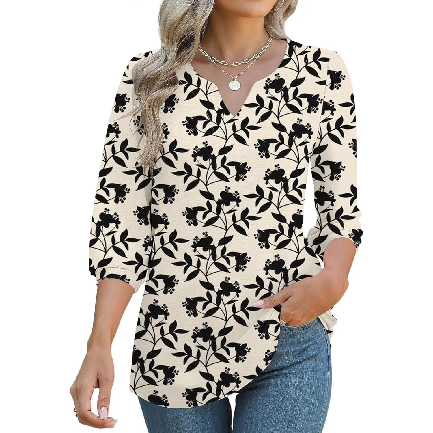 3/4 length sleeve women tops dredging casual V-neck puff sleeve blotches business work Turic shirt S-XXL