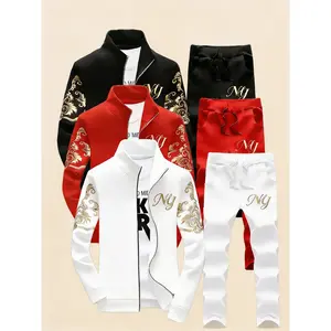 Fashion Men's 3-Piece Coordinated Set with Embroidered Logo and Zipper Closure in Black Red and White