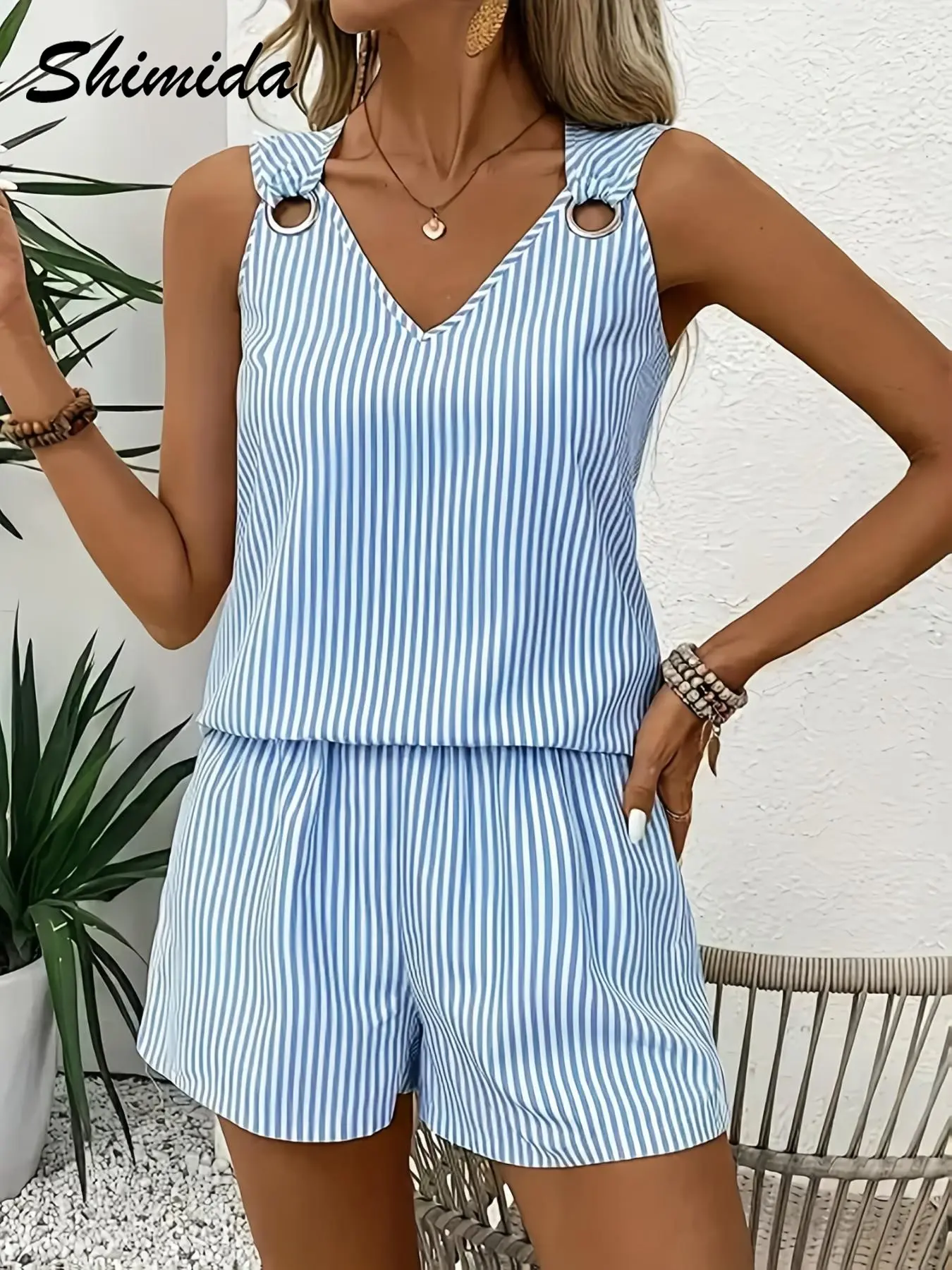Shimida Women's Summer New V-Neck Sleeveless Casual Striped Two-Piece Set, Fitted Regular Length, Stylish & Comfortable, Outfit Set