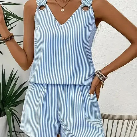 Shimida Women's Summer New V-Neck Sleeveless Casual Striped Two-Piece Set, Fitted Regular Length, Stylish & Comfortable, Outfit Set