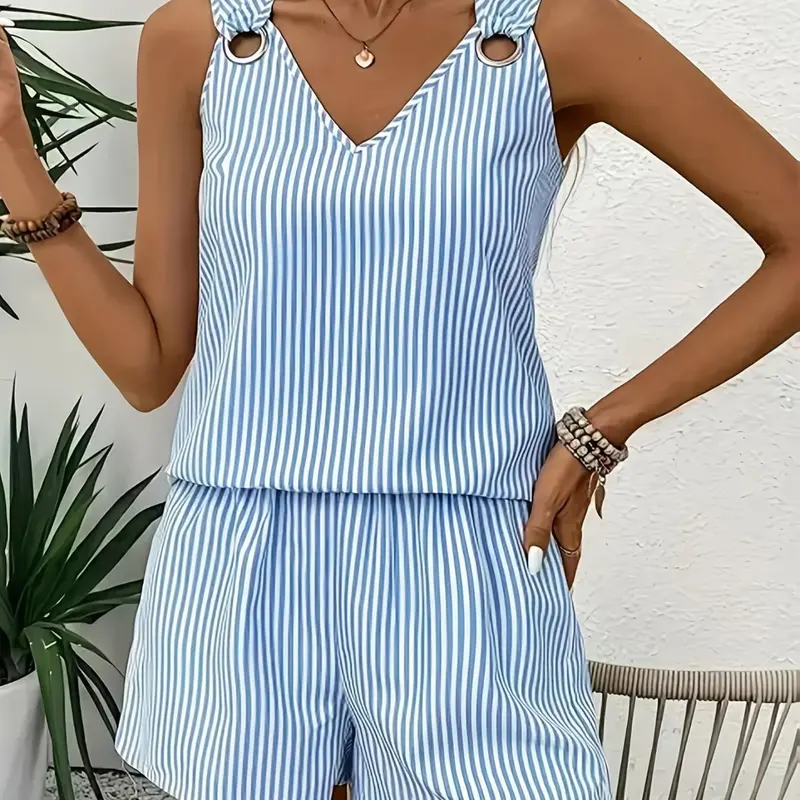 Shimida Women's Summer New V-Neck Sleeveless Casual Striped Two-Piece Set, Fitted Regular Length, Stylish & Comfortable, Outfit Set