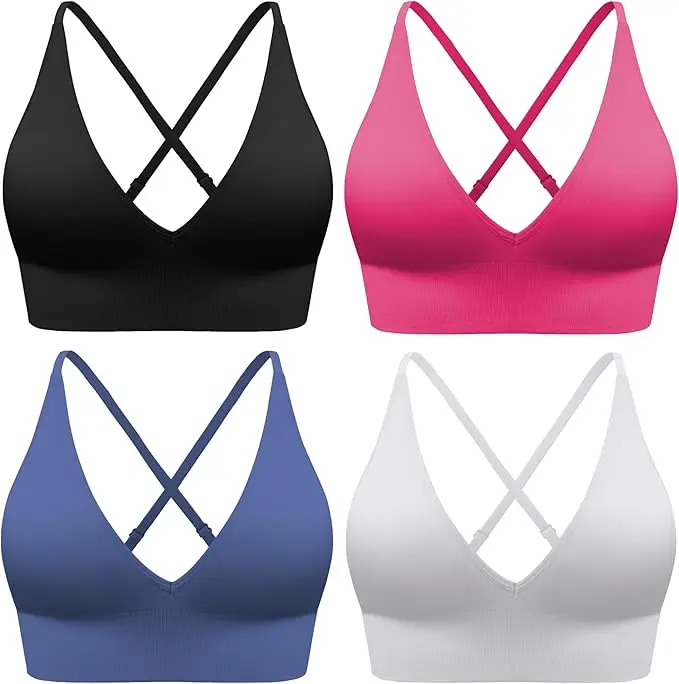 Evercute Women's Sports Bras 3/4 Pack Adjustable Deep V Neck Bras Wireless Spaghetti Strap Criss Cross Padded Low Support Bra Sportswear Bra Strappy Sports Bras