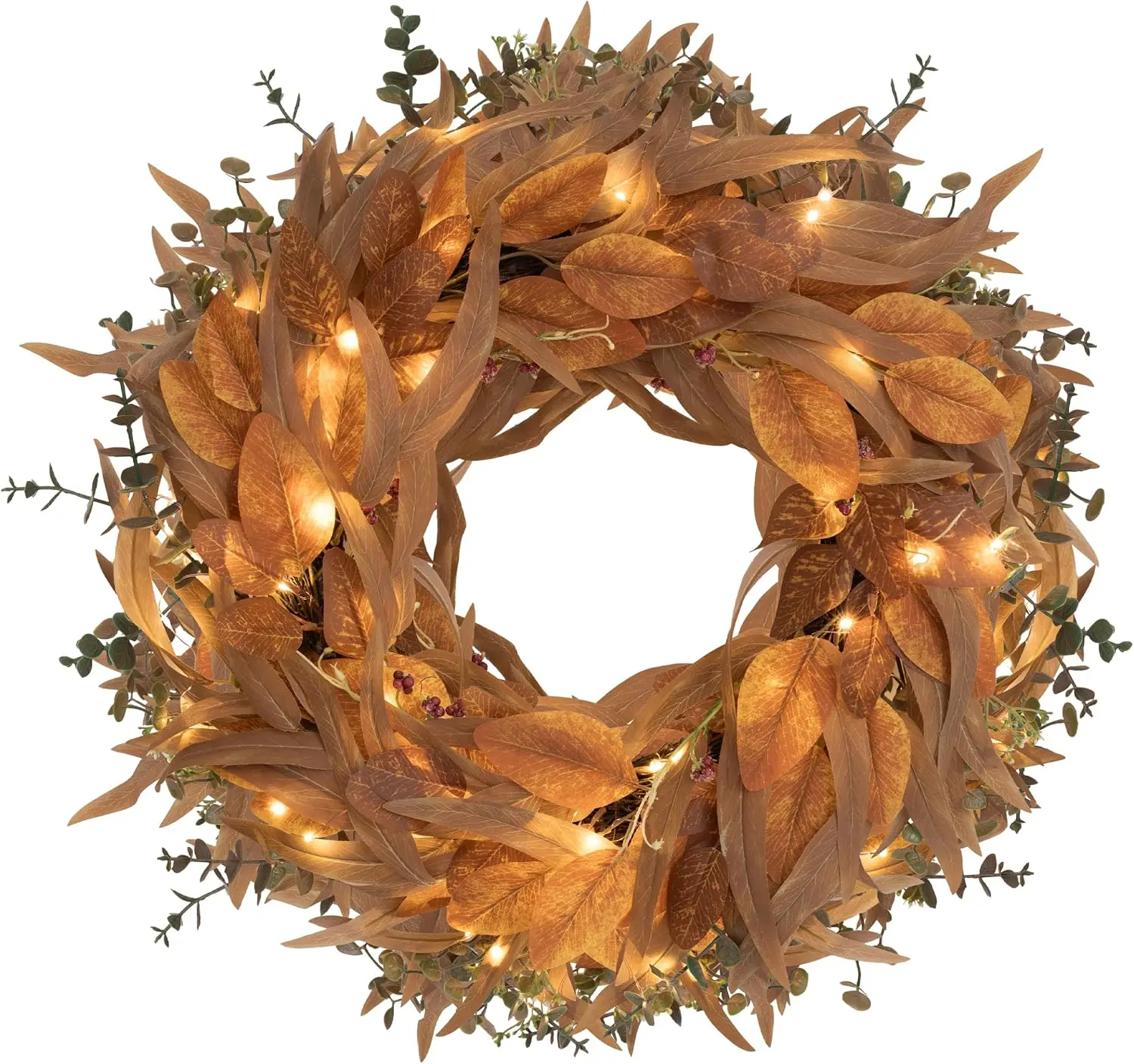 Ogrmar 24" Fall Wreaths for Front Door with Light Autumn Eucalyptus Wreath | Fall Wreaths for Front Door Artificial Eucalyptus with 50 LED Timer Lights fFall Decor for Porch, Wall, Window and Fireplace