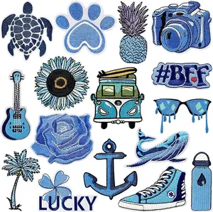 16Pcs Blue Hippie Vintage Iron on Patches Boho Cute Sew on Embroidered Applique Patch for Clothes Hats Jackets Jeans Backpacks Bags Decorative Aesthetic Repair Patch DIY Craft