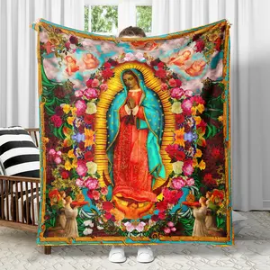 Mary Print & Flower Pattern Blanket, Lightweight Warm Flannel Throw Blanket, All Season Blanket, Decorative Blanket, Breathable Comfortable Blanket, Bedding for Decor, Napping Blanket for Sofa Bed Couch Office Travel Camping