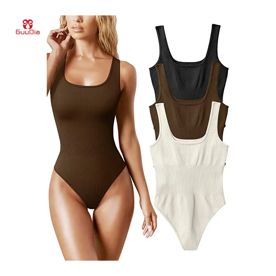 GUUDIA Ribbed Tummy Jumpsuit Daily Shaper Bodysuits Light Control Compress Tummy Control Open Crotch Shapewear Suits Open Crotch
