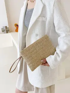 New Large Wallet Wheat Straw Braid Handmade Woven Bag, Women's Clutch Phone Coin Purse, Casual All Seasons Cosmetic Bag, Casual Zipper Purse, Wallet Wristlet