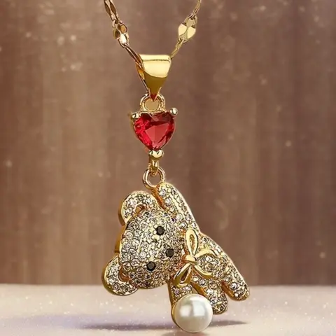 1pc 18K Golden Plated Adorable Bear Pendant Necklace with Synthetic Zirconia, Heart-Shaped Charm for Daily and Banquet Occasions, Cute Necklaces - All Seasons Compatible Fashion Necklace