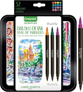 Crayola Brush & Detail Dual Tip Marker Set, 16 Markers, 32 Colors, Adult Coloring Markers, Gifts for Teens & Adults