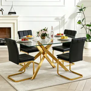 51.18 inch Rectangular Glass Dining Table for 4-6,Modern Kitchen Table with Golden Metal Legs & Adjustable Feets,Easy Assembly Dinner Table Support 320 lbs,Stylish Durable Design for Dining Room,Apartment Furniture （Only Table）